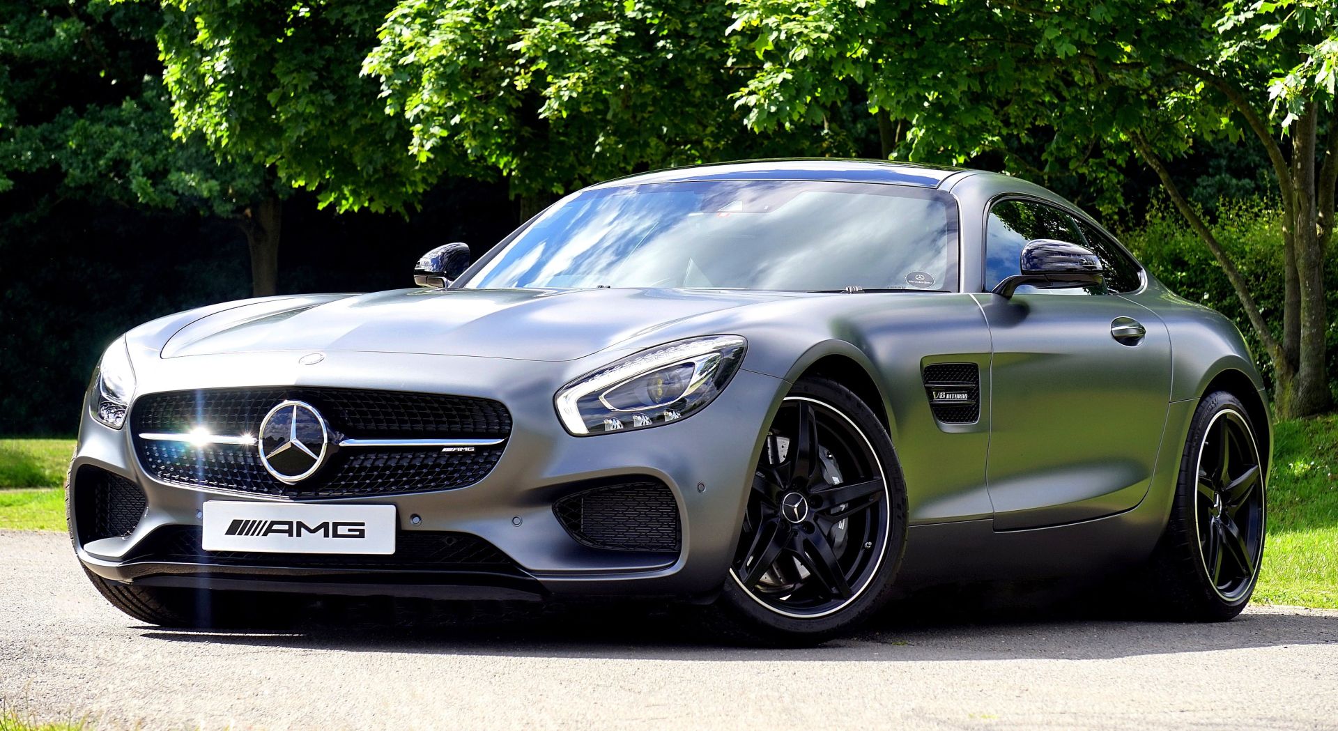 Silver Mercedes-benz Amg Gt Coupe Parked Beside Green Leaf Tree
